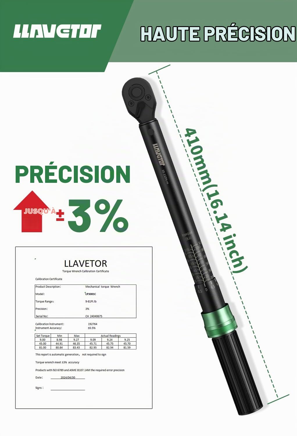 Clé Dynamométrique 3/8", 10-110 Nm,Double Réglage De Direction,Précision±3% Réglable à 72 Dents,Clef a Cliquet,Cle Dynamometrique,pour Moto&Voiture