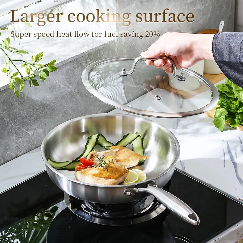 DELARLO Tri-ply Stainless Steel Frying Pan Set with Lid 8" 12" Induction large Skillets Chef's Pan,Pots and Pans Set Kitchen Cookware Set Suitable for All Stove