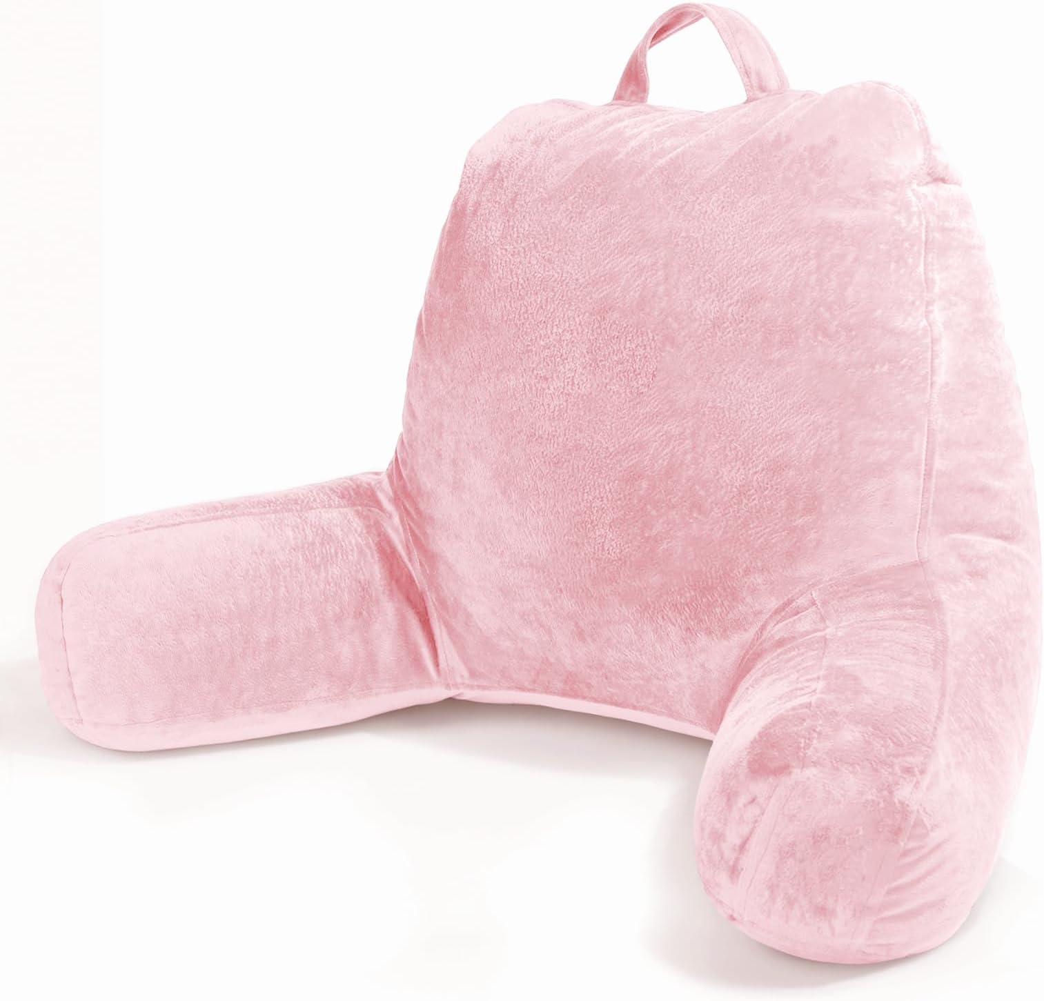 Sasttie Reading Pillow, Velvet Back Pillow for Bed Sitting Up, Adult Back-Rest Support Cushion with Arms for Sit Up on Couch, Sofa, and Floor, Dorm Essentials, Reading Accessories, Pink