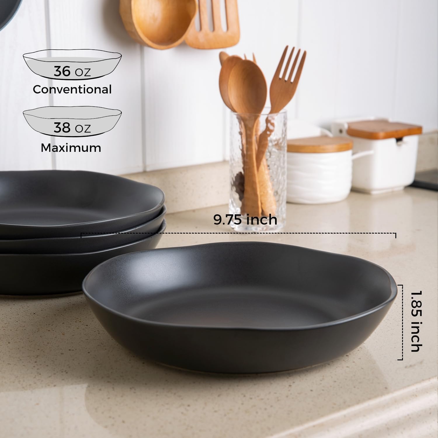 AmorArc 9.75'' Ceramic Large Pasta Bowls, 38oz Stoneware Flat Serving Bowls Set of 4, Oven,Microwave&Dishwasher Safe Bowls with Wavy Rim for Fruit Pasta Salad Meal, Matte Black - Image 2