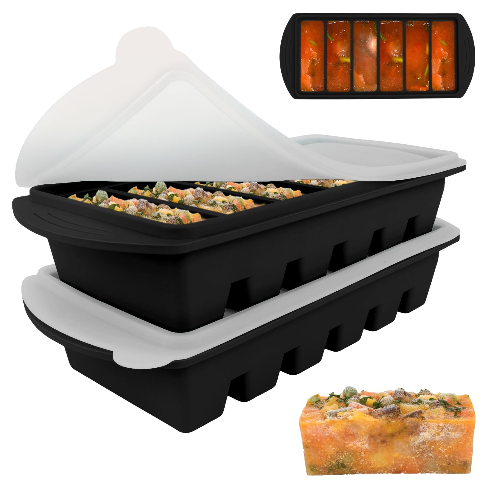 Lotvic 2 Pack Soup Cube Silicone Freezer Tray, 750ML Freezer Containers with Lid, 6-Compartment, Makes 12 1/2-Cup Portions Cubes, Freezer Tray for Meal Prep, Soup, Sauce (Black)