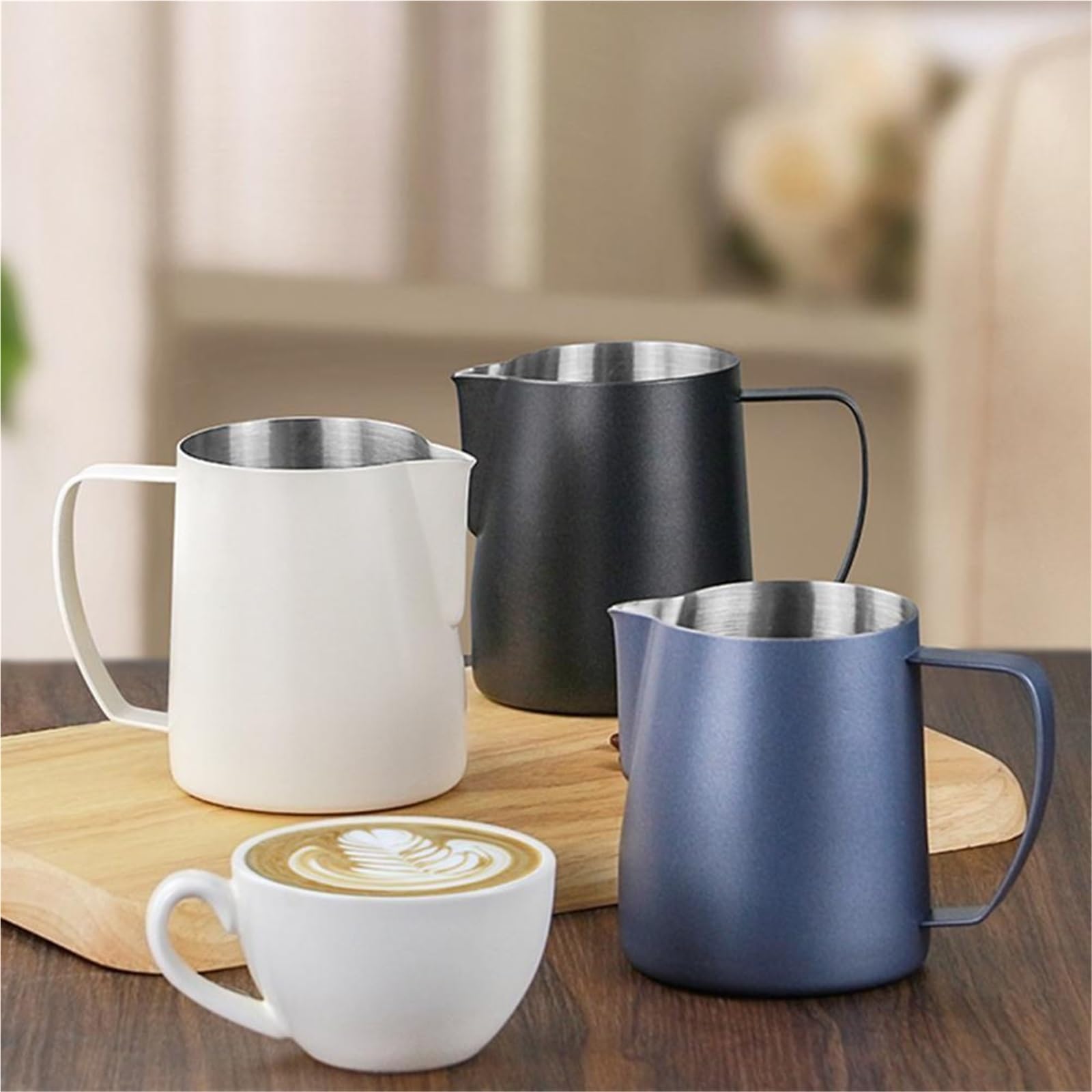 Jarra humeante de café acero inoxidable, taza espuma leche, jarra Latte, Espumador grueso, 2 uds Para Espumar(Silvery 450ML)