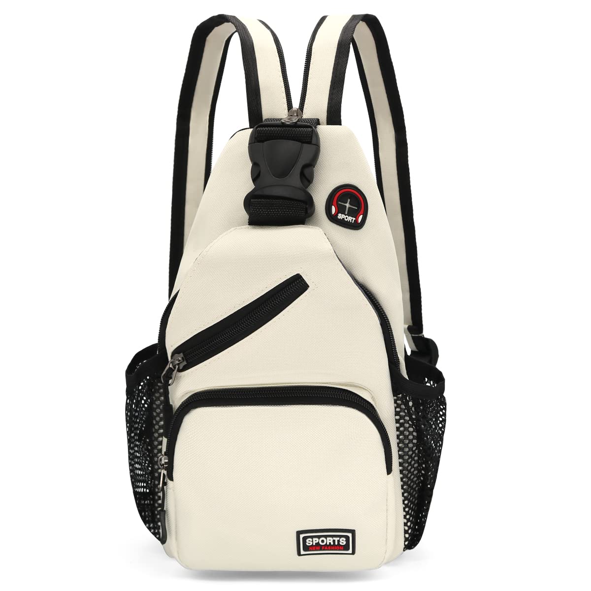 HNOOM Zaino Monospalla Donna Piccolo Sling Bag con Foro per Auricolare Marsupio Donna Tracolla in Tessuto Oxford per Scuola Outdoor Ciclismo Viaggio Hiking Multitasche Piccolo Zaino (Bianco)