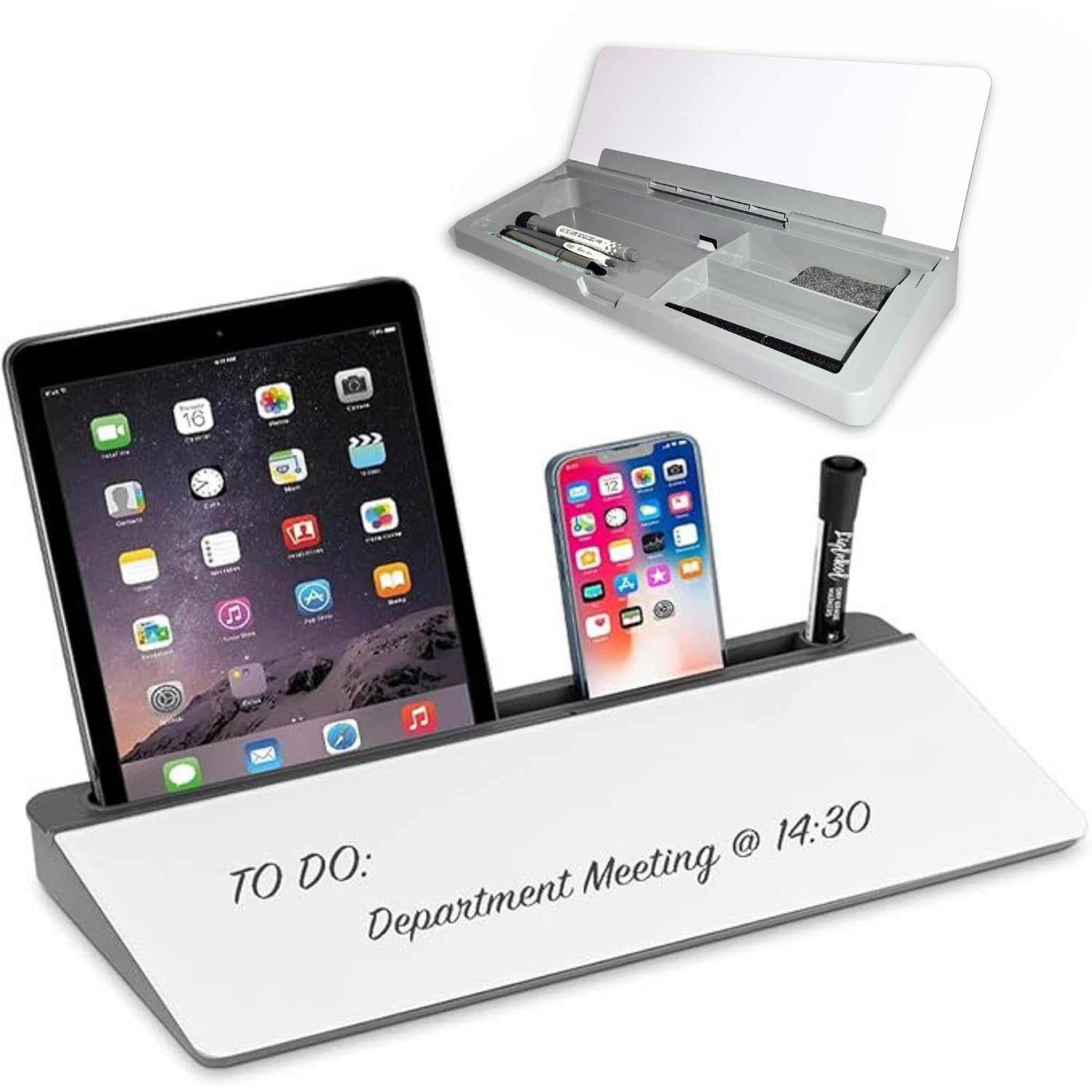 XBEY Desk Whiteboard Dry Erase Board, Glass Desktop Whiteboard with Storage - The Perfect Desk Board and Desk Buddy for Home, School and Office Accessories (White & Gray)-picture-1