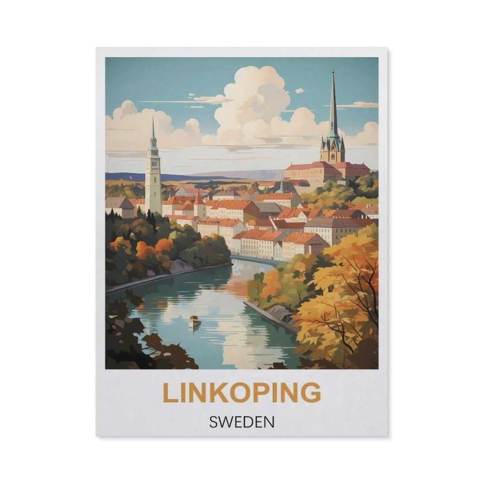 BEAYODKP 5D DIY Diamond Painting Kit，Linkoping Sweden Vintage Travel Posters，Crystal Mosaic Full Drill Round Diamond Painting Embroidery Accessories（40 x 50 cm/15.74 x 19.68 inches）-CA77
