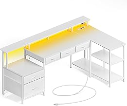 Rolanstar L Desk with Drawers, 64 Inch Reversible Gaming Desk with Power Outlets, LED and Monitor Stand, Computer Table for Office, Bedroom or Work Room (White)