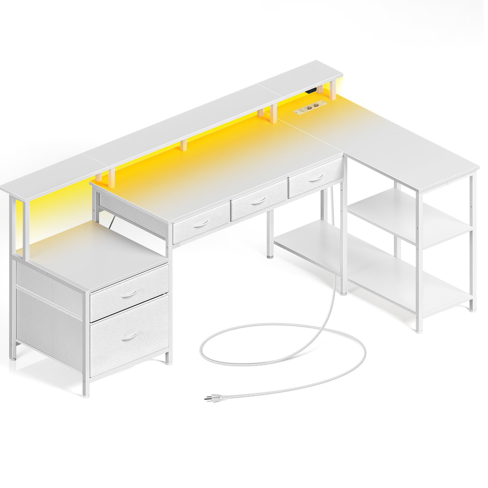 Rolanstar Scrivania Gaming Angolare, Scrivania a L Reversibile con LED e Prese e Porte USB, Supporto per Monitor, Scrivania con Cassetti da 163 cm, Tavolo Salvaspazio per Casa, Ufficio (Bianco)