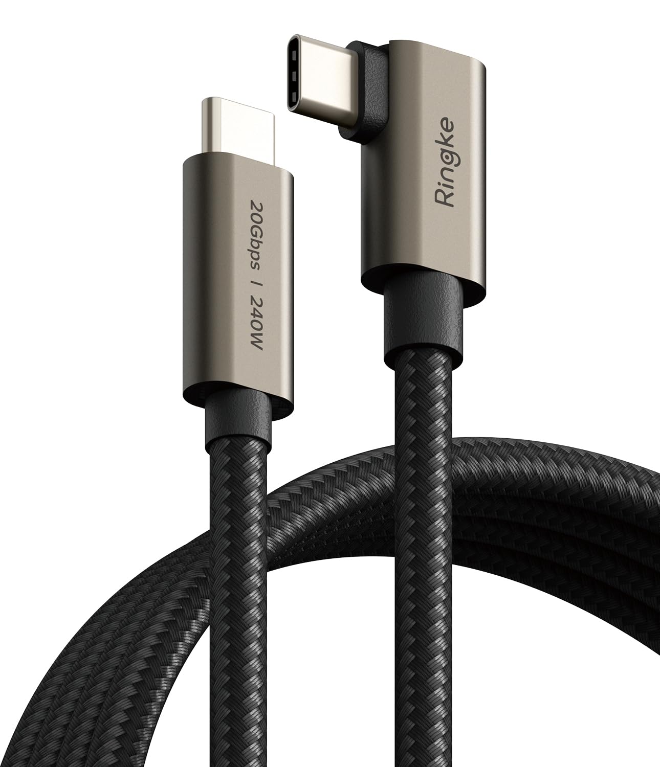 Ringke Câble USB C vers USB C, USB 3.2 Gen 2 x 2 USB-C 90 degrés, vitesse de transfert de données 20 Gbit/s, nylon tressé haute densité (1 m) – Noir