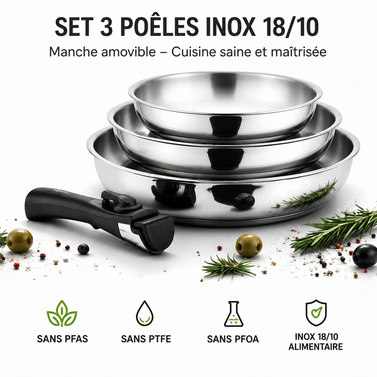 Set di 3 Padelle in Acciaio Inox 18/10 con Manico Rimovibile – Senza PFAS, Senza PTFE, Senza PFOA – Compatibile con Induzione, Forno e Lavastoviglie – Padelle Impilabili 20/24/28 cm – Cucina