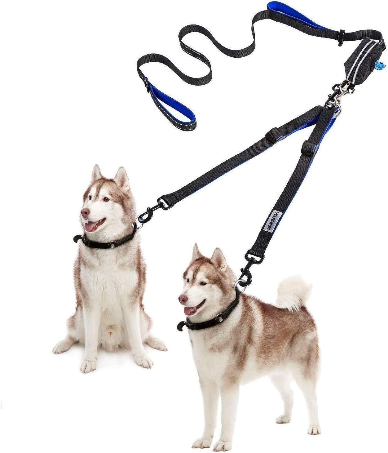 Dual Dog Leash 360° No Tangle Double Handle Leash Dog Walking Training Leash Reflective Adjustable Dog Leash for 2 dogs up to 180 lbs, with waste bag dispenser
