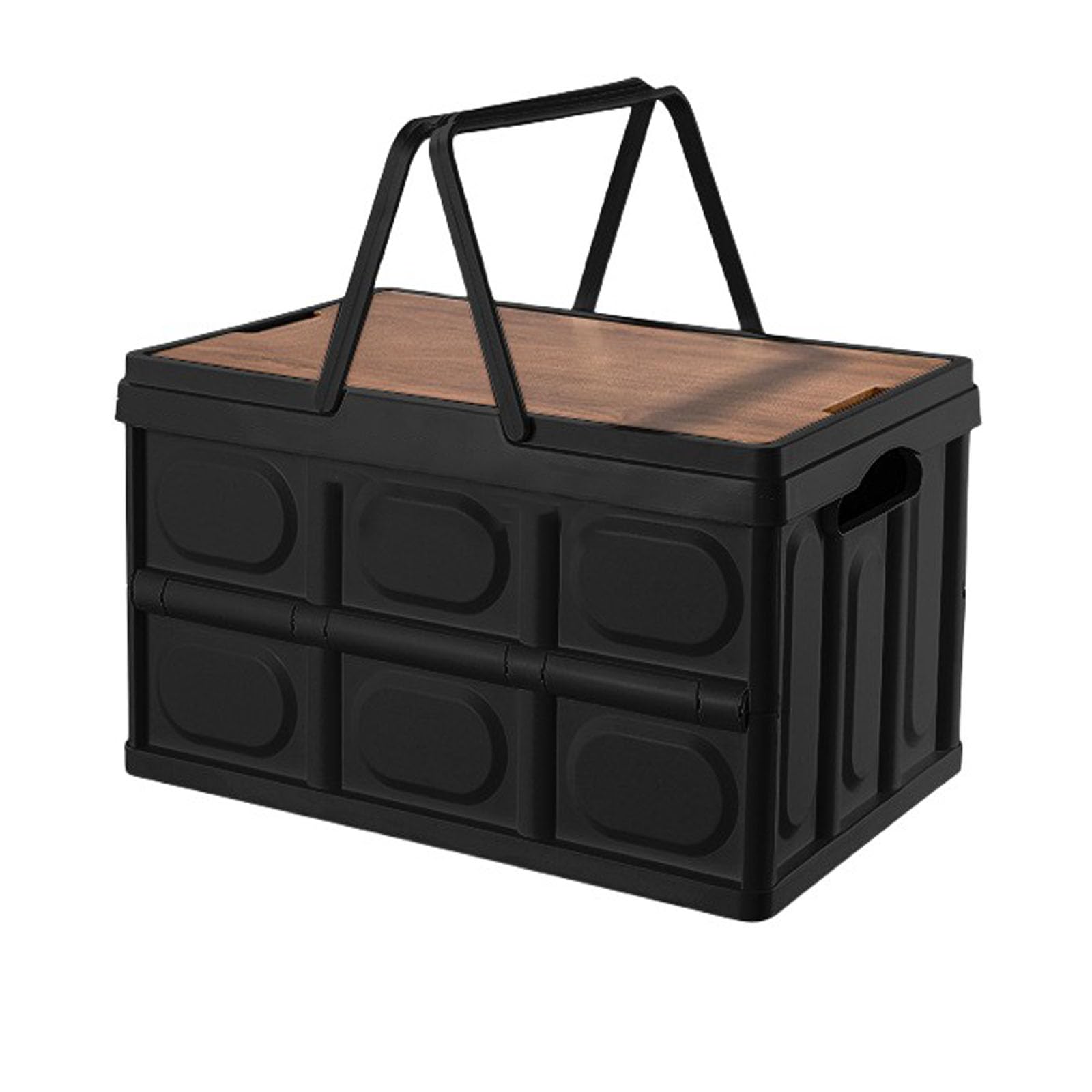 Contenitore pieghevole in plastica, contenitore da campeggio con coperchio in legno, grande scatola impilabile con manici, organizer per picnic all'aperto, archiviazione auto, smistamento domestico