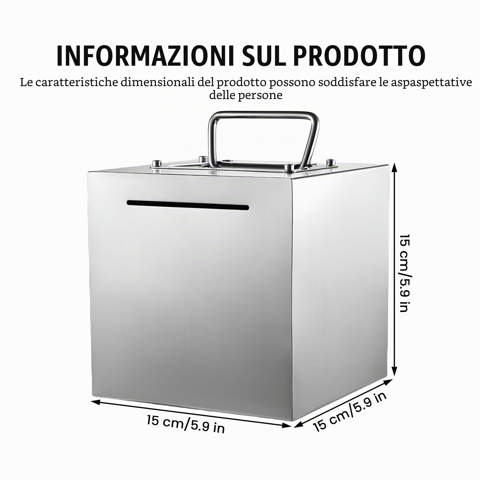 Salvadanaio per adulti grande in acciaio inox, metallo con maniglia, fessura per monete, 15 x 15 cm