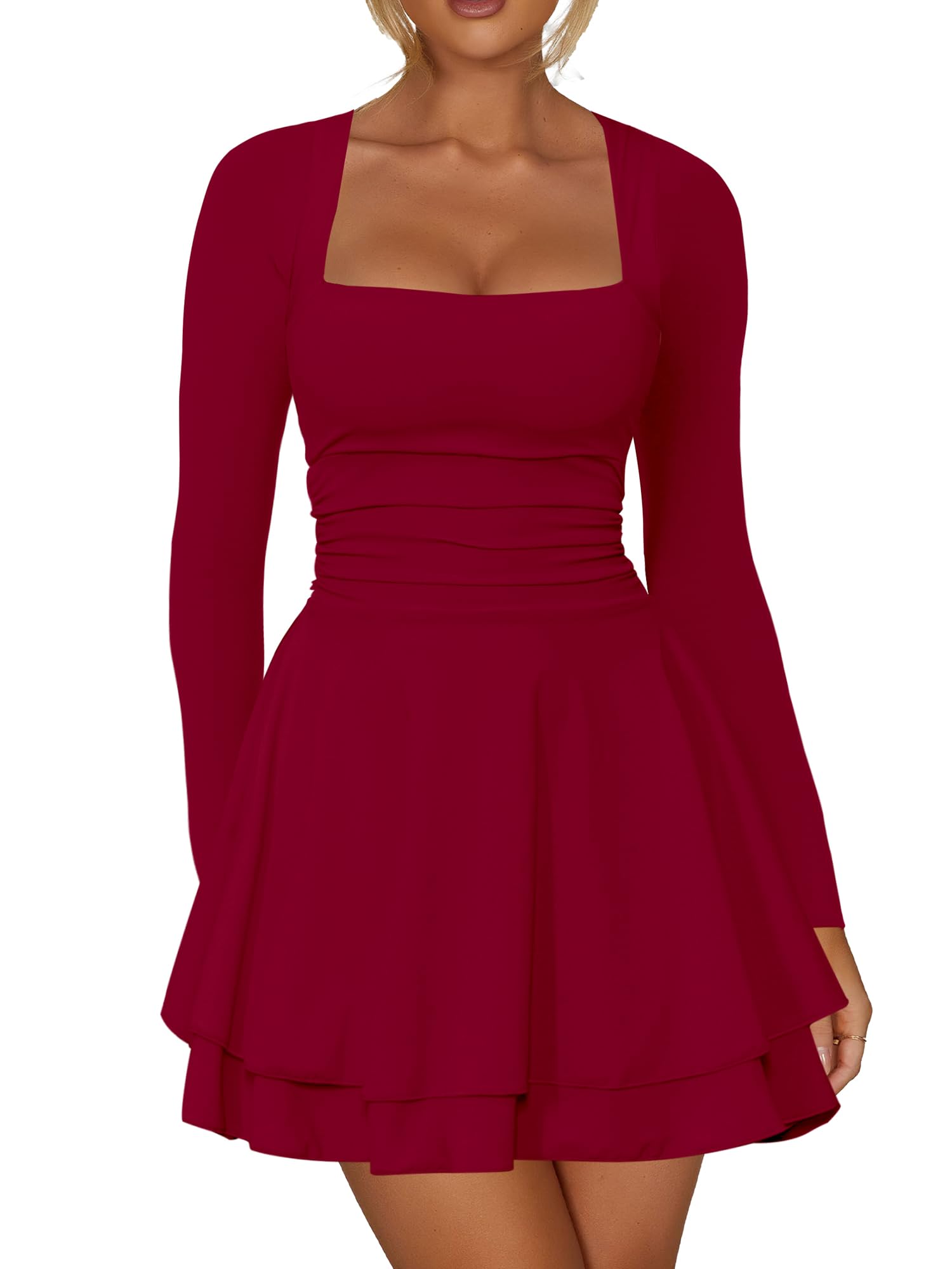 Kaximil Women's Corset Long Sleeve Party Mini Dress | Square Neck Ruffle Hem Ruched Waist Going Out Birthday Short Dresses