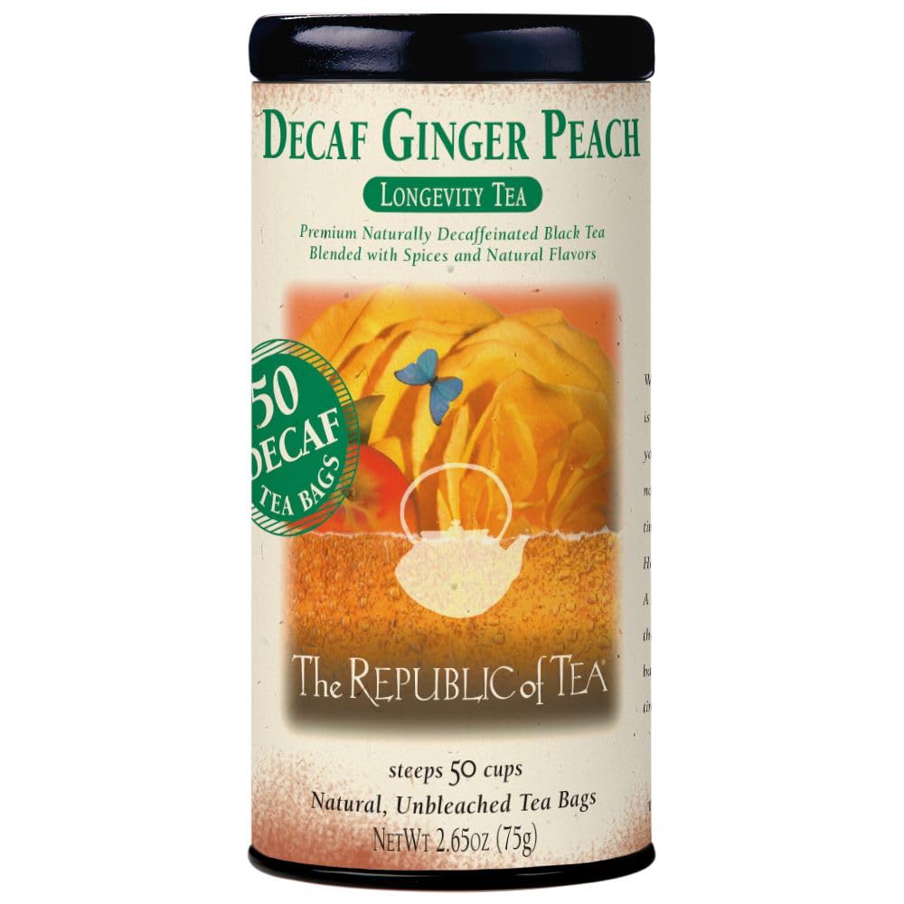 The Republic of Tea Decaf Ginger Peach Black Tea, Tin of 50 Bags