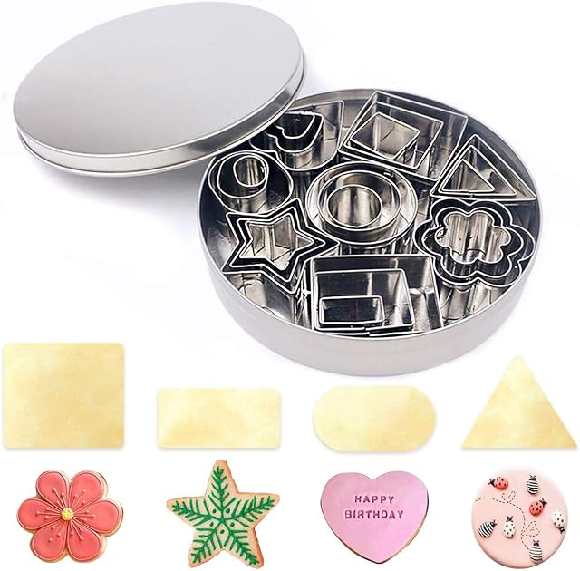 Cookie Cutters Shapes Set,AOBETAK 24 Pcs Mini Stainless Steel Heart Star Round Triangles Rectangle Square Circle Flower Biscuit Dough Cutter Shaped Mould for Children Kids DIY Pastry Baking Fondant