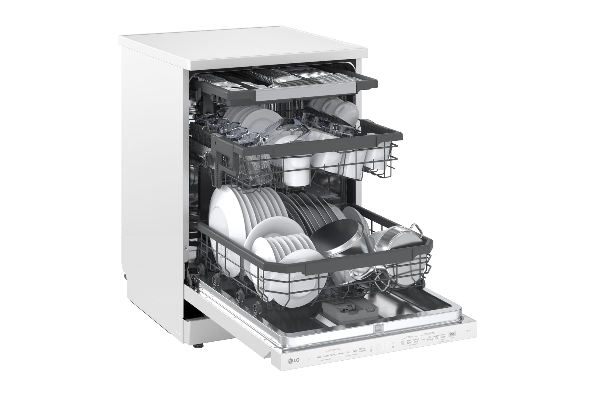 LG DF375HWS Lavastoviglie Libera Installazione Classe A, 14 Coperti, Lavaggio a Vapore TrueSteam, LED Esterno, Sistema QuadWash con 4 Bracci Irroratori, Serie 5, Auto-Apertura, 43dB, Wi-Fi, Bianco