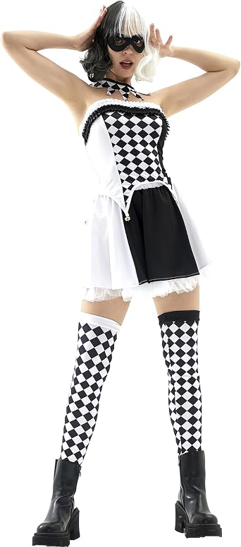 Women Clown Halloween Costume Adult Checkered Tutu Role Play Dress Up S-XL