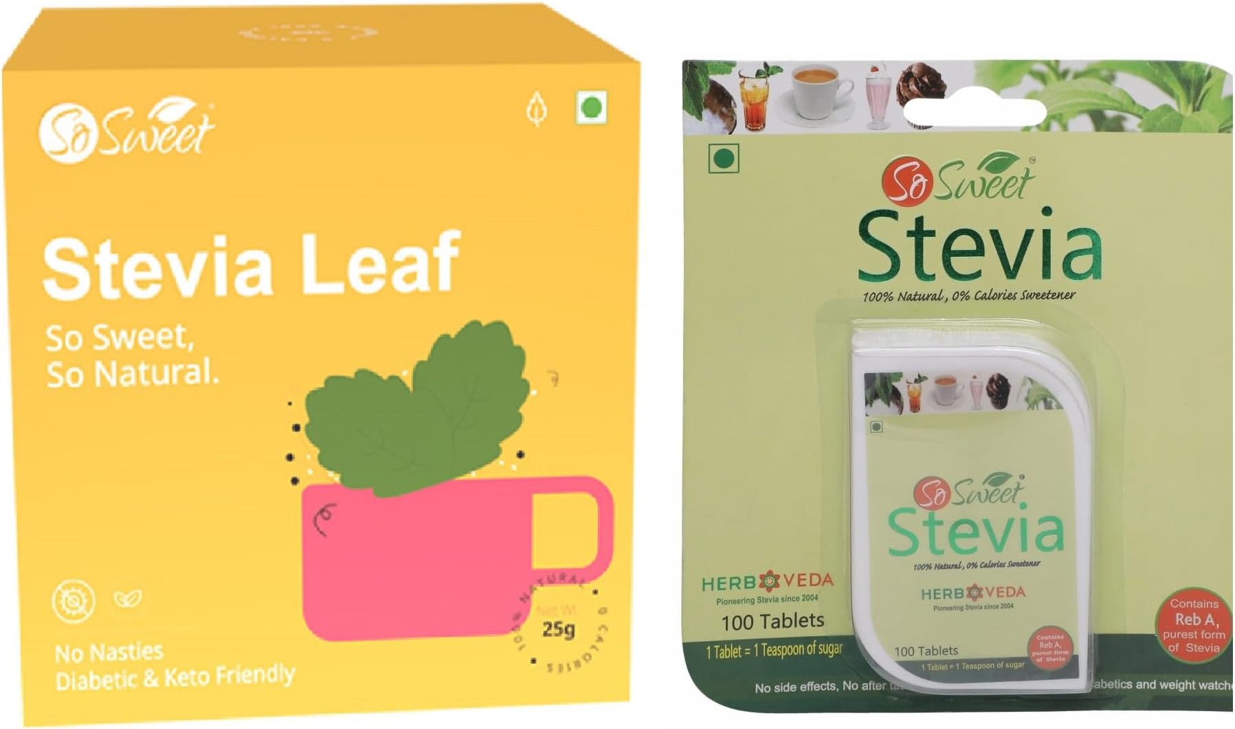 Stevia 100 Tablets & Stevia 25g Leaf, Natural Zero-Calorie Sweetener, Sugar-Free, Ideal for Diabetics & Keto Diets, Perfect for Sweetening Drinks, Baking, and Cooking (Pack of 2)