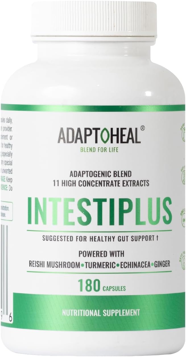 ADAPTOHEAL Intestiplus – Adaptogenic supplement formulated to care for the intestinal mucosa, microbiota balance and daily digestion with reishi mushroom, turmeric, echinacea and ginger (180 capsules)