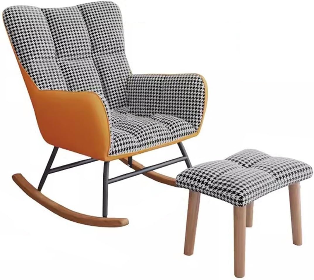 Velvet Rocking Chair with Footrest,Modern High Backrest Rocking Nursery Upholstered Rocker Armchair Living Room Lounge Chair，Checkered