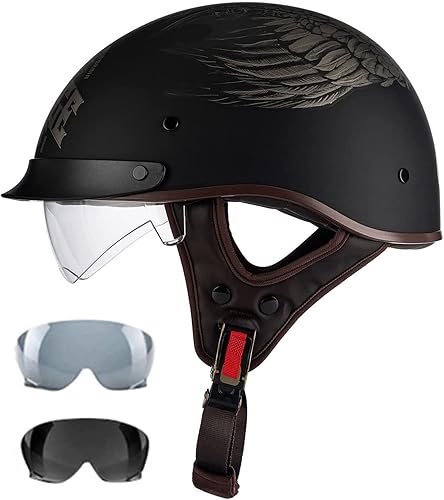 Miniatura 7 de RUANLOV Casco de motocicleta estilo alemán vintage con visera solar aprobado por DOTECE, casco de media motocicleta retro, para hombres y mujeres