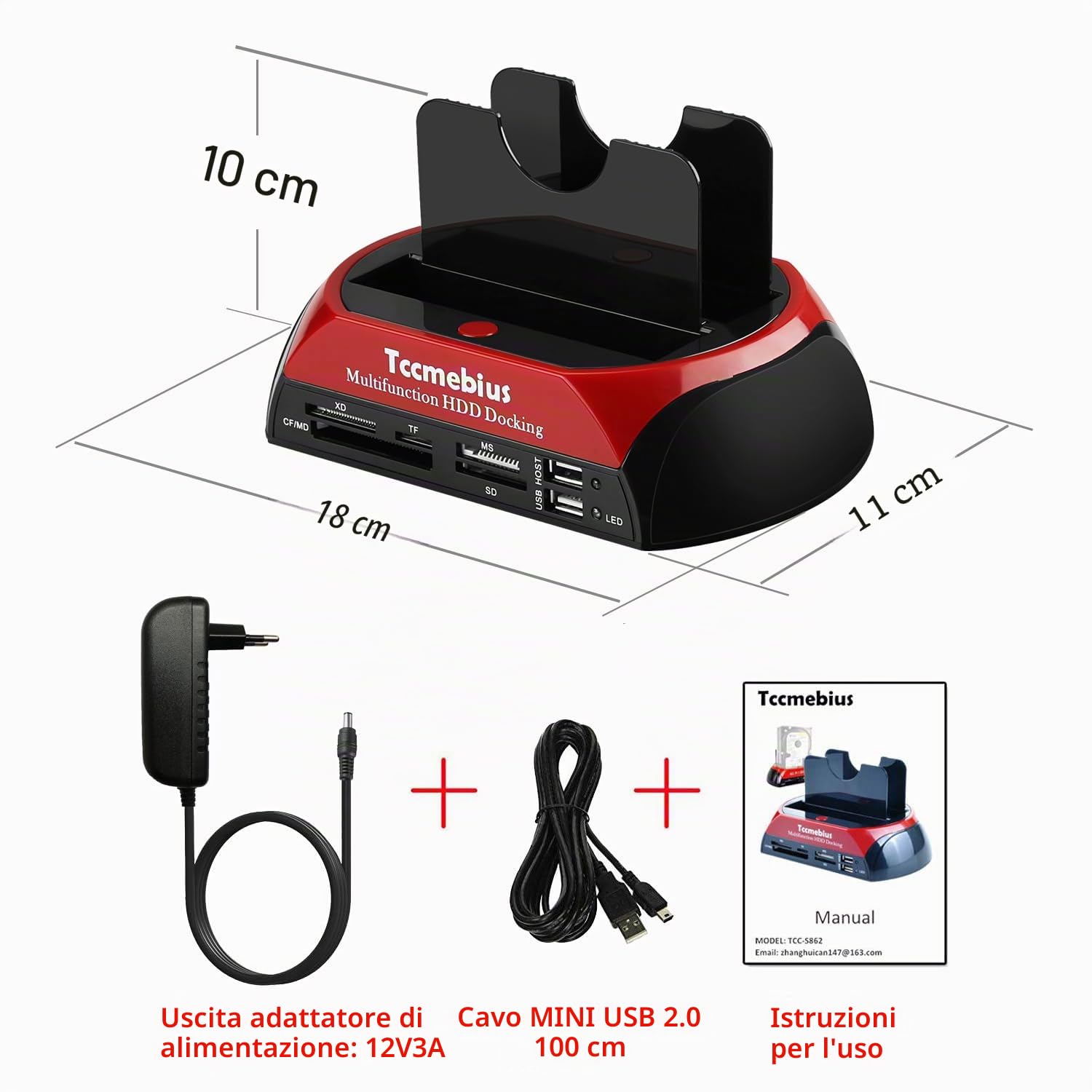 TCC-S862-DE USB 2.0 a SATA IDE Dual-Bay HDD Disco Rigido Docking Station con Lettore di Schede e USB 2.0 Hub per 2.5 3.5 Pollice IDE SATA I / II / III HDD SSD