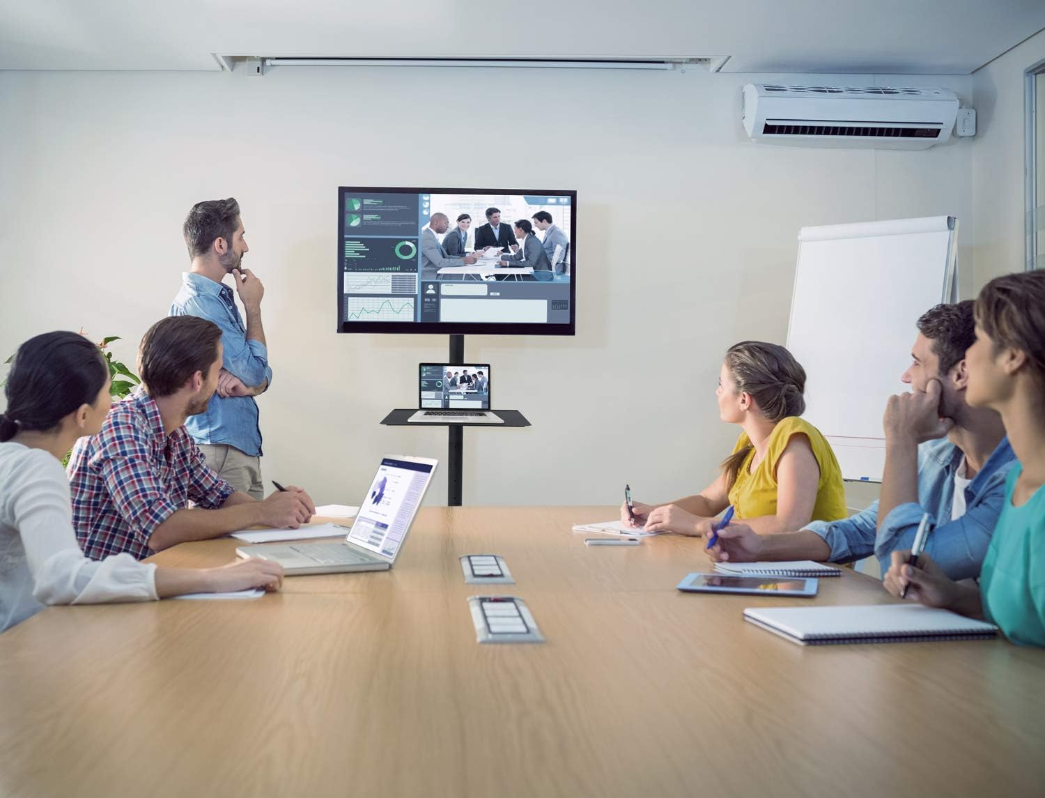 Mount-It! Adjustable Mobile TV Cart, Wheeled Flat Screen Television Stand with Shelf, VESA Compatible TV Mount Bracket Fits Displays 23 to 55 Inches, 55 Lbs Weight Capacity : Office Products