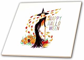 3dRose Happy Halloween. Elegant Lady Witch greets You. Autumn Leaves Aro...