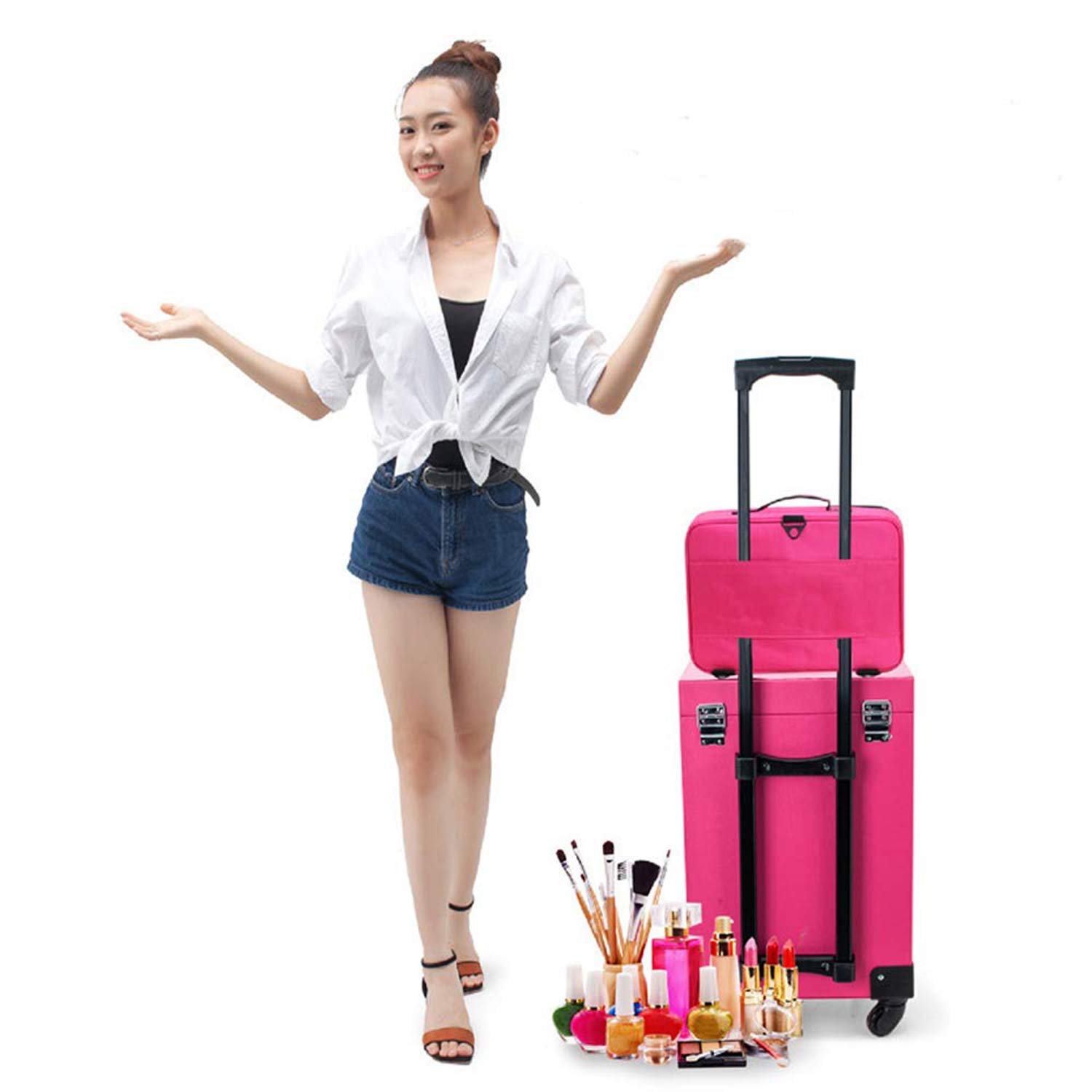 Adson Large Makeup Bag 3 Layers Professional Train Cosmetic Bag Makeup Organizer Case Portable Artist Storage Brush Box with Adjustable Dividers and Strap for Makeup Accessories (Pink) - Image 4 thumbnail