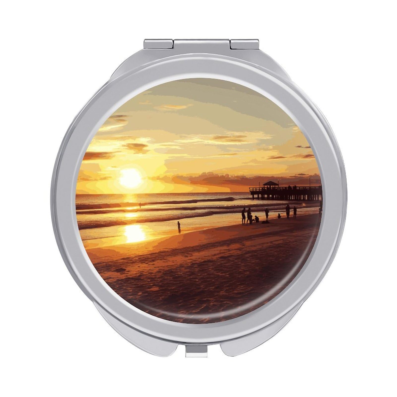 LDGSUPH Sunset Beach Travel Makeup Mirrors Portable Compact Mirror Double-Sided 2X/1X Magnifying Folding Pocket Mirror Mini Round Handheld Mirrors for Home Outdoor