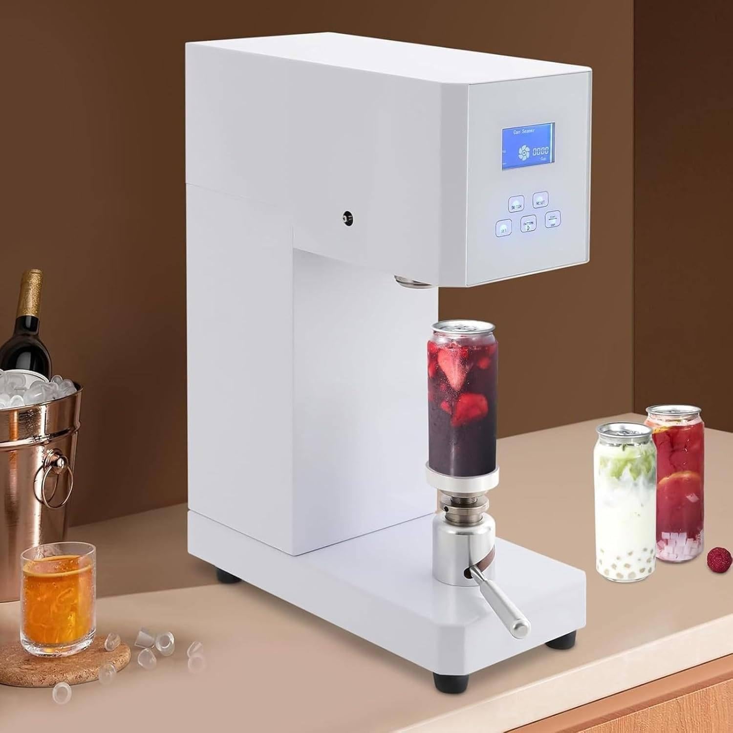 Automatic Soda Can Sealer Machine,Adjustable Tin Can Seamer for 55mm Aluminum Caps,Commercial Can Sealing Equipment,370W Electric Cup Sealer Machine,for Plastic Aluminum Cans(White,Automatic)