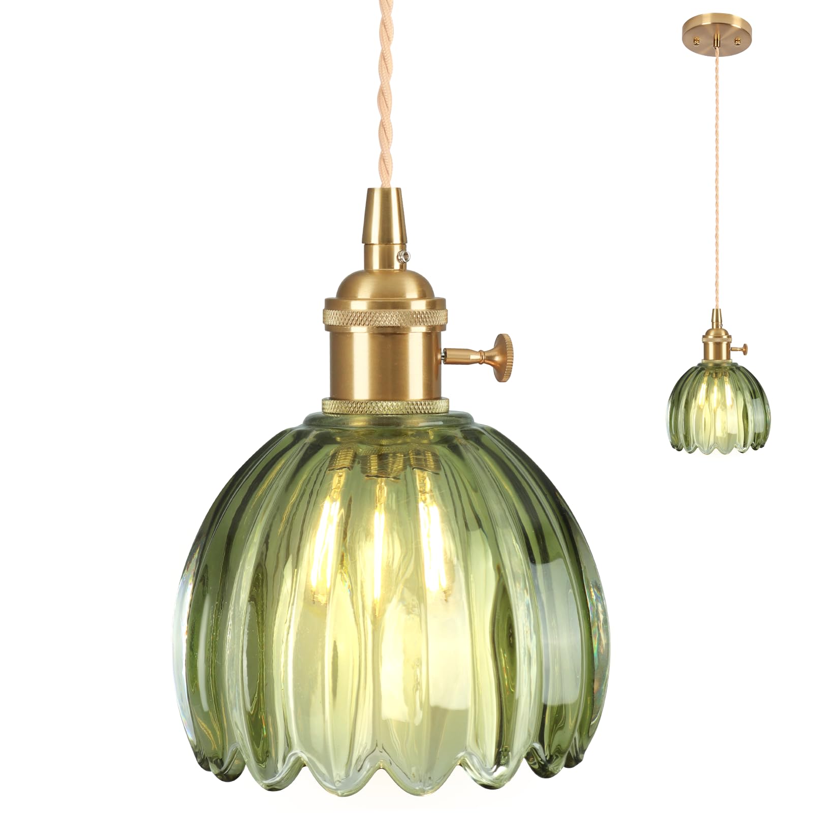 Vloitgol Glass Pendant Light Green Ceiling Light, E27 13CM Samll Hanging Ceiling Lights Vintage Pendant Light, mini Pendants Lights for Kitchen Island Bedroom Hallway Study Room Coffee Bar Living Room