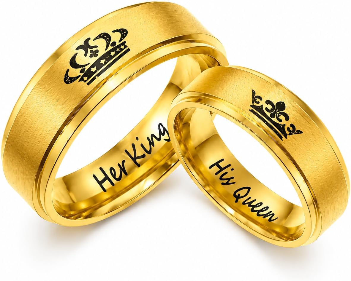 2pcs His Queen and Her King Couple Rings Set, Titanium Steel Matching Promise Wedding Engagement Band for Couples (Black, Gold)