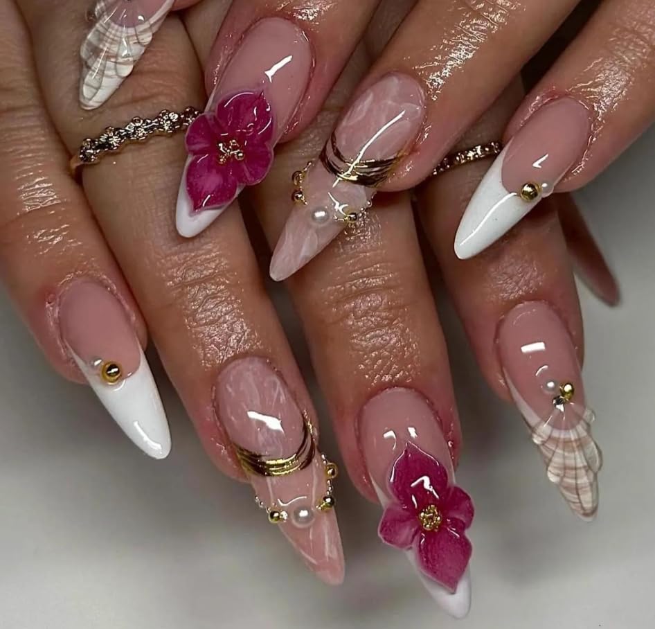 Handmade 3D Floral Press On Nails | Pink Marble&Gold Accent French Tip Nails | Long Almond Faux Nails | Gift for Her | Bridal๏ผProm๏ผ Summer Nail Set (Pink Marble (SIZE=XS), 1)