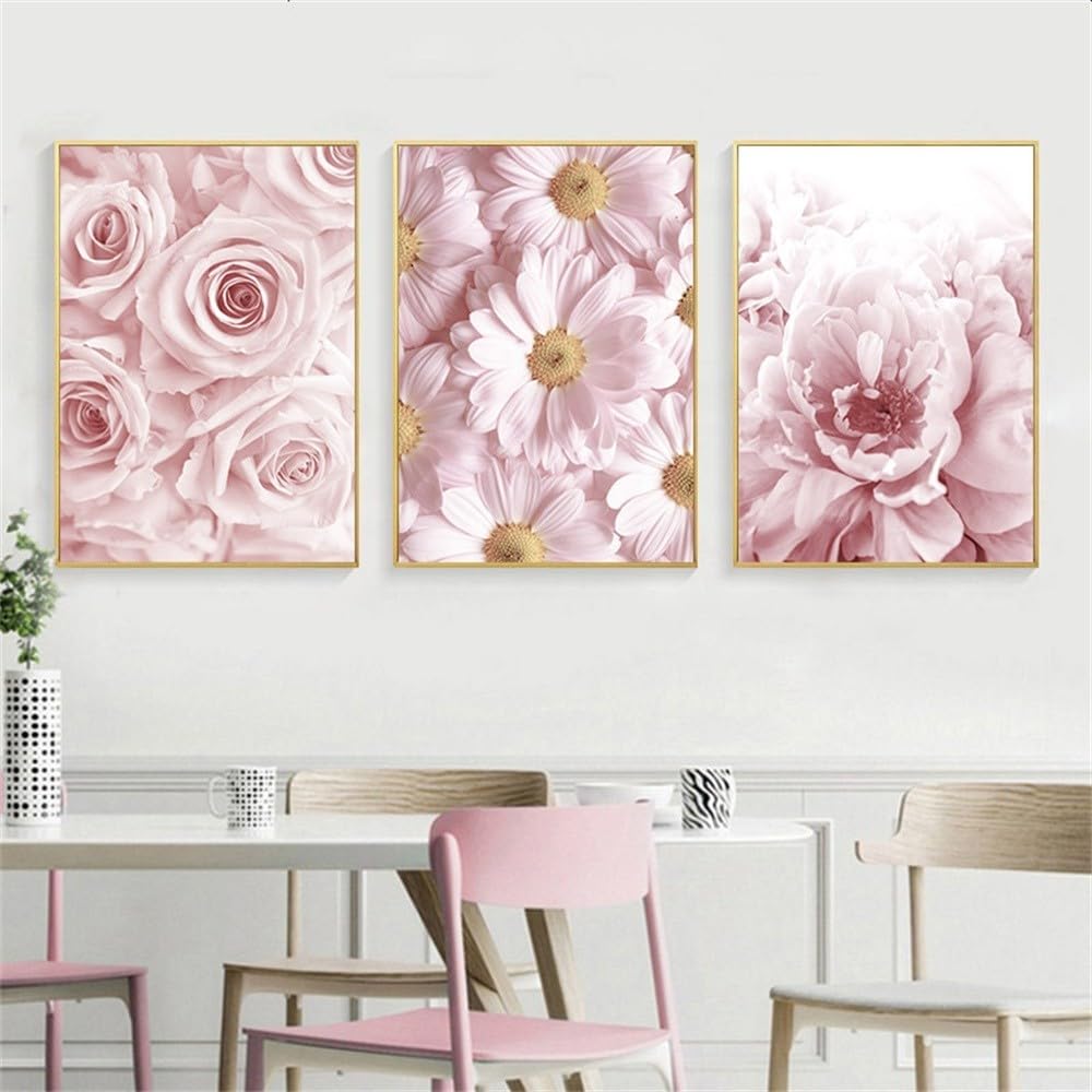 WBYZAC Wall Pictures-Floral Botanical Canvas Print Pink Peony Rose Flower Plant Poster Nordic Wall Art Painting Bedroom Kitchen Decoration Picture Artwork-30 * 50cm*3PCS (No Frame)