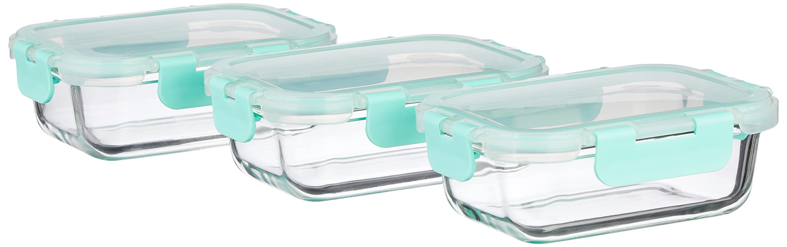 Amazon Brand - Solimo Multipurpose Glass Containers/Lunch Boxes for Office with Break-Free,Detachable Locks,Airtight,Leakproof,Microwave-Safe,Freezer-Safe,Set of 3,Rectangle(370 Ml Each),Transparent