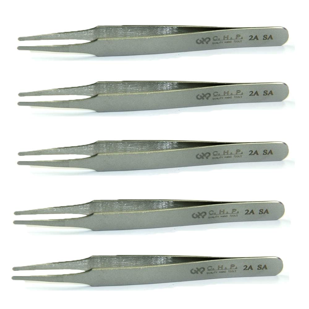 Hakko CHP 2A-SA Pinzas de precisión no magnéticas de acero inoxidable con puntas redondeadas, púas finas cónicas, 10,6 cm de longitud (5 unidades)