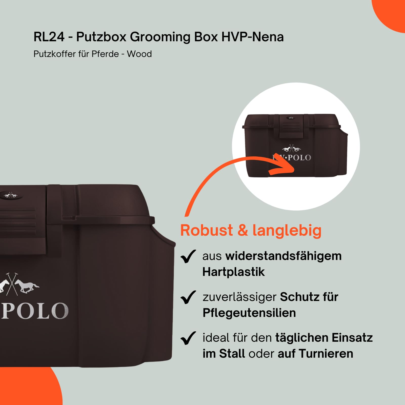 RL24 - Putzbox Grooming Box HVP-Nena – Braun (Wood) | Putzkoffer für Pferde – Putzkasten aus Hartplastik – mit Halterung für Gerte & 3 Innenbereichen – robuste Putzkiste