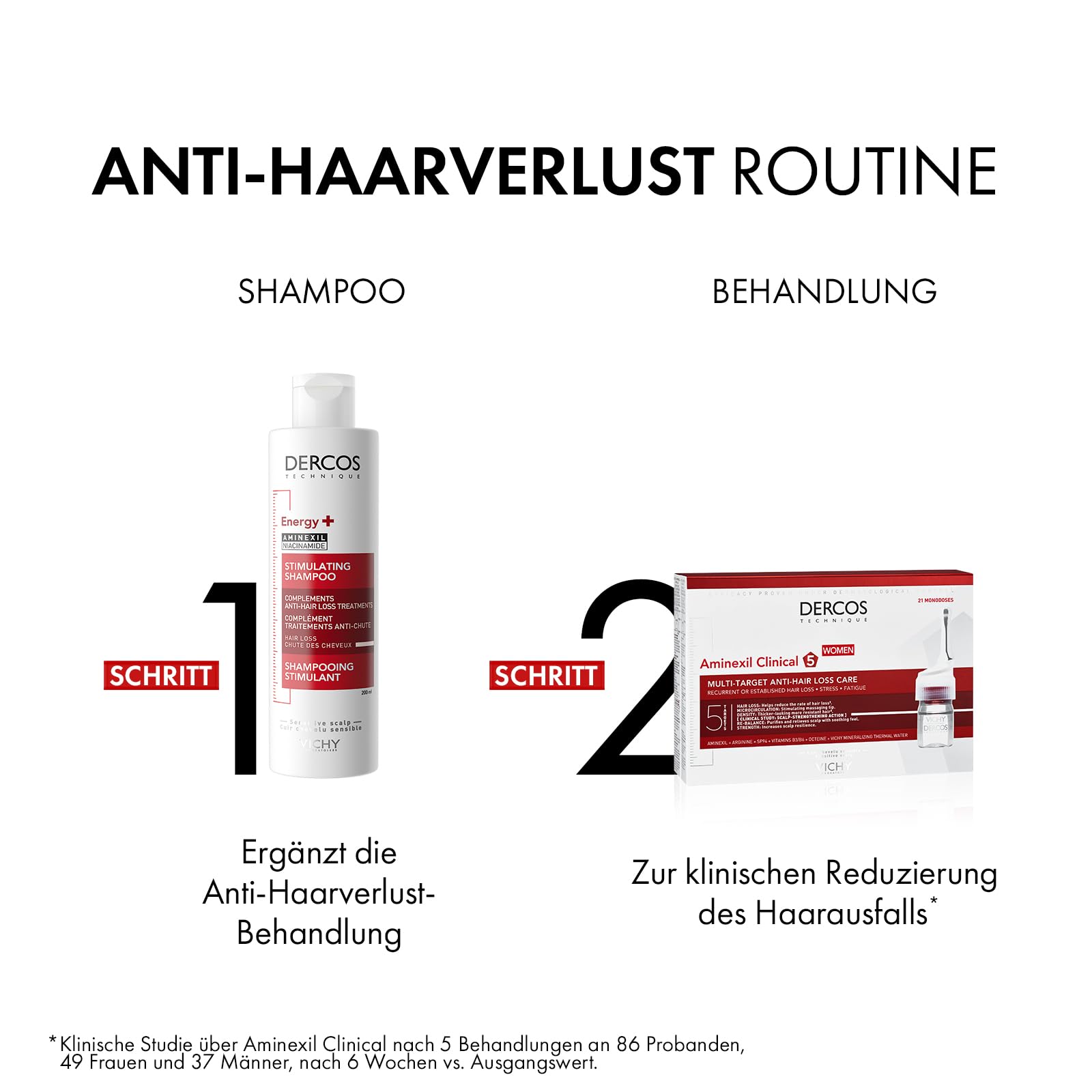 VICHY Haarserum für Frauen, Gegen permanenten oder periodischen Haarausfall, Kräftigt Haarwurzel und Haarfaser, Mit Aminexil und Arginil, Dercos Aminexil Clinical 5 Frauen, 21 x 6 ml