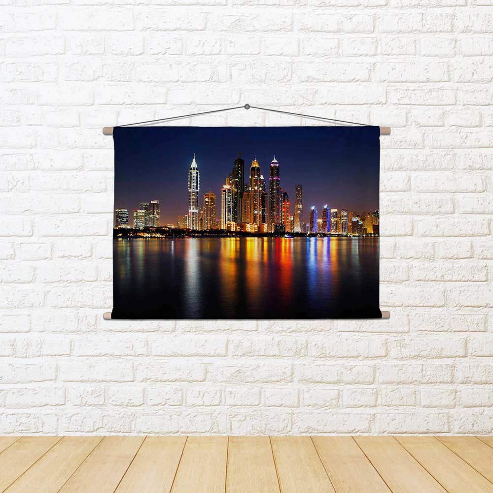 ArtzFolio Dubai Marina At Dusk, UAE Silk Fabric Painting Tapestry | Scroll Art Hanging 18 x 12 inch (46 x 30 cms)