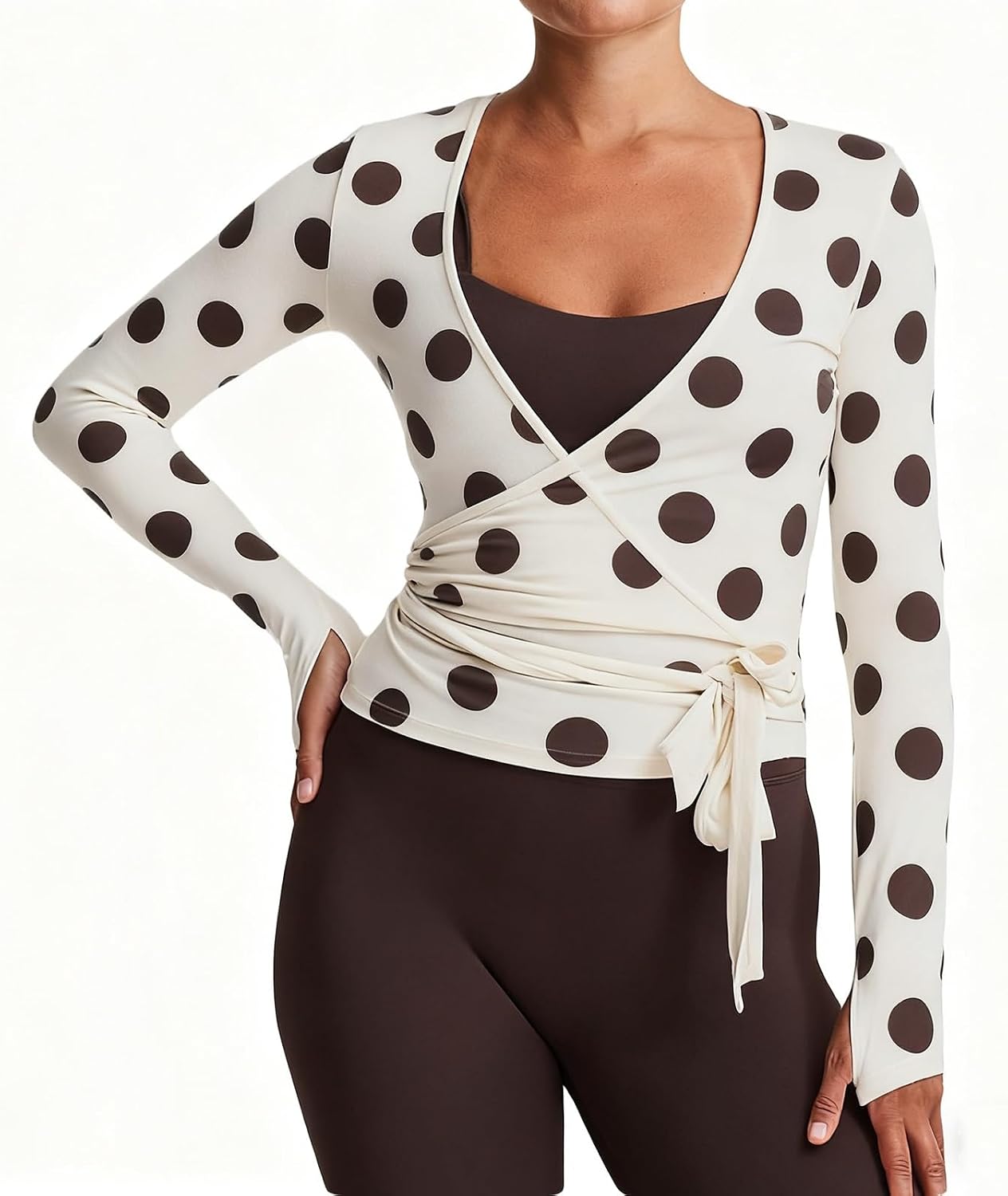 Womens Long Sleeve Wrap Crop Top Y2K Casual V Neck Cross Tie Shirt Slim Fit for Workout Pilates Yoga Ballet Streetwear