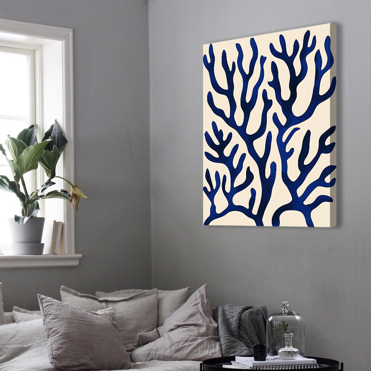 TOANGWALL Granatowy koralowy obraz na płótnie minimalistyczny plakat życia oceanu abstrakcyjne tło beżowe algi ilustracja ścienna do dekoracji łazienki i sypialni 50x75cm