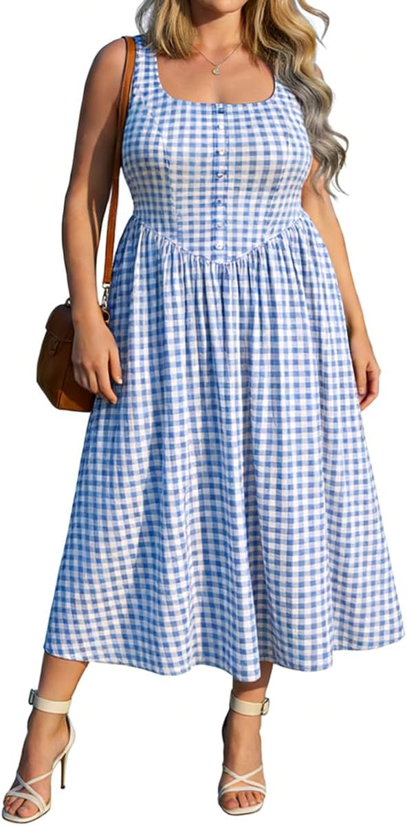 RITERA Plus Size Summer Dresses for Curvy Women Maxi Square Neck Sleeveless Casual Beach Sundress with Pockets, Flowy Dress