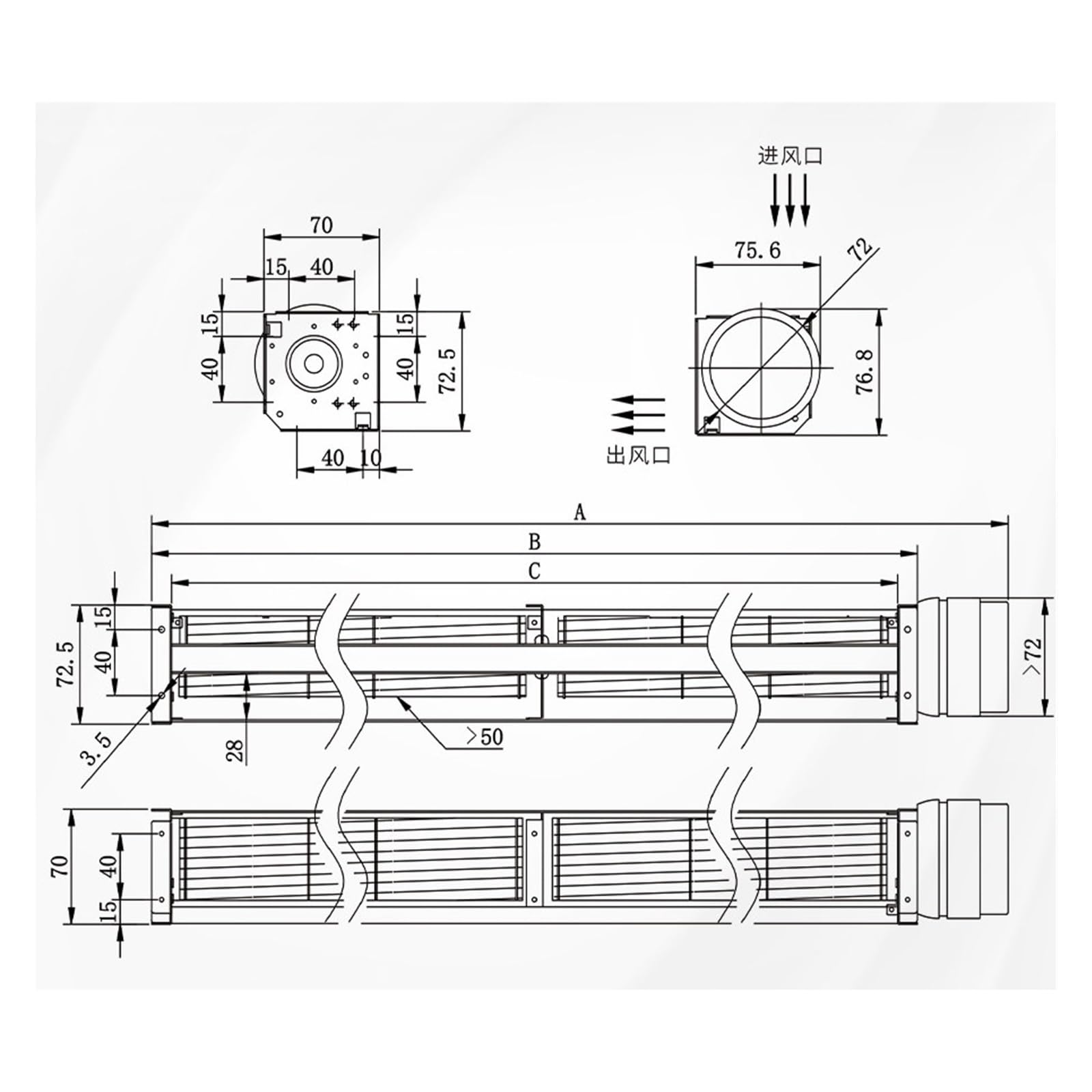 Ventilador de flujo cruzado AC 220V, ventilador tangencial serie LB-50 | Soplador industrial de flujo cruzado for HVAC(LB-50870AC220V/50Hz)