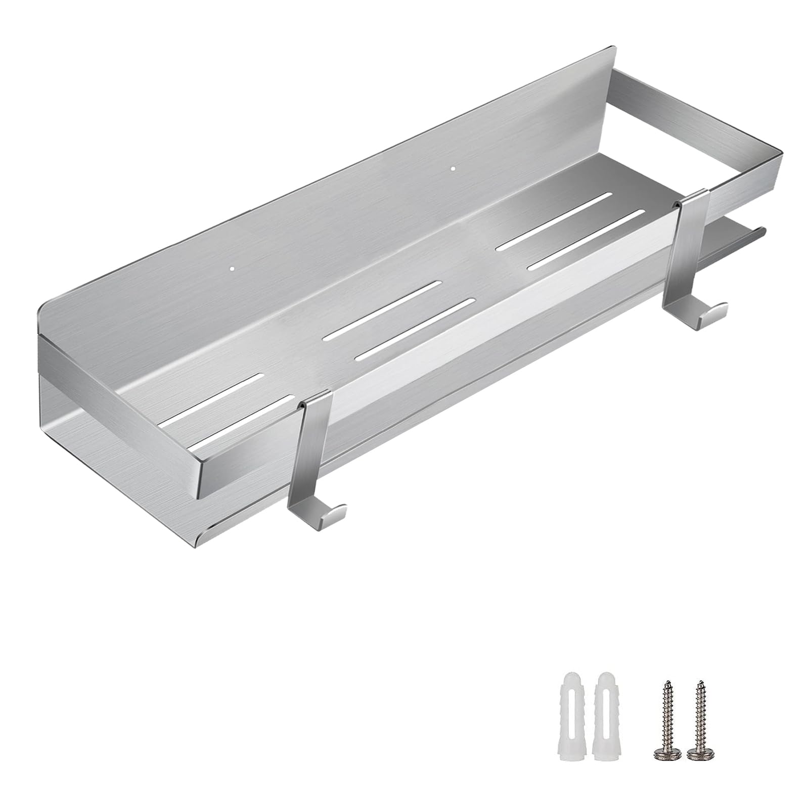 Mensola da doccia, da parete, in acciaio inox SUS 304, resistente, con 2 ganci (argento spazzolato, 40 cm)