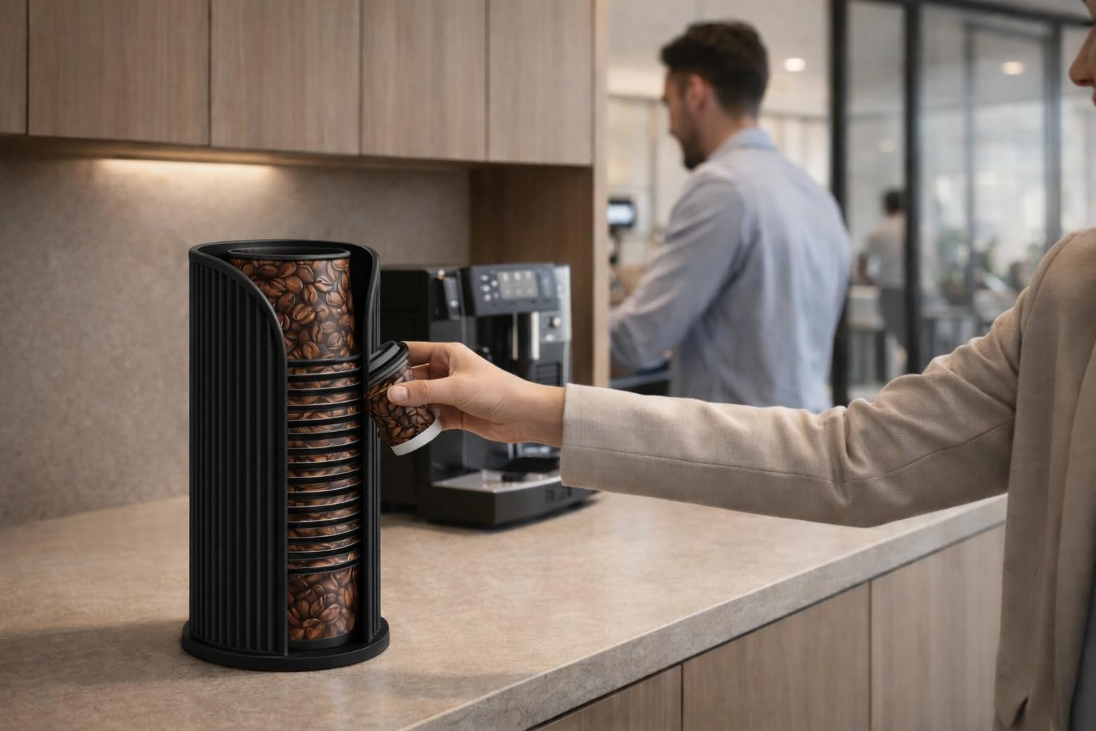 Becherspender Kaffee Becher Spender für Büro & Kaffeestation – Vertikaler Einwegbecher Halter aus robustem Kunststoff – Platzsparender Cup Dispenser für 8oz & 12oz (Schwarz, Large Coffee)