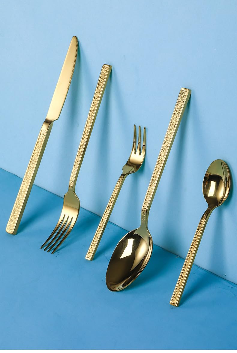 Este Juego de Cubiertos Incluye 6 Utensilios con Mango Martillado, 30 Piezas, Acero Inoxidable 18/8 de Primera Calidad, Cubiertos pulidos a Espejo para reuniones Familiares y Uso Diario, exc