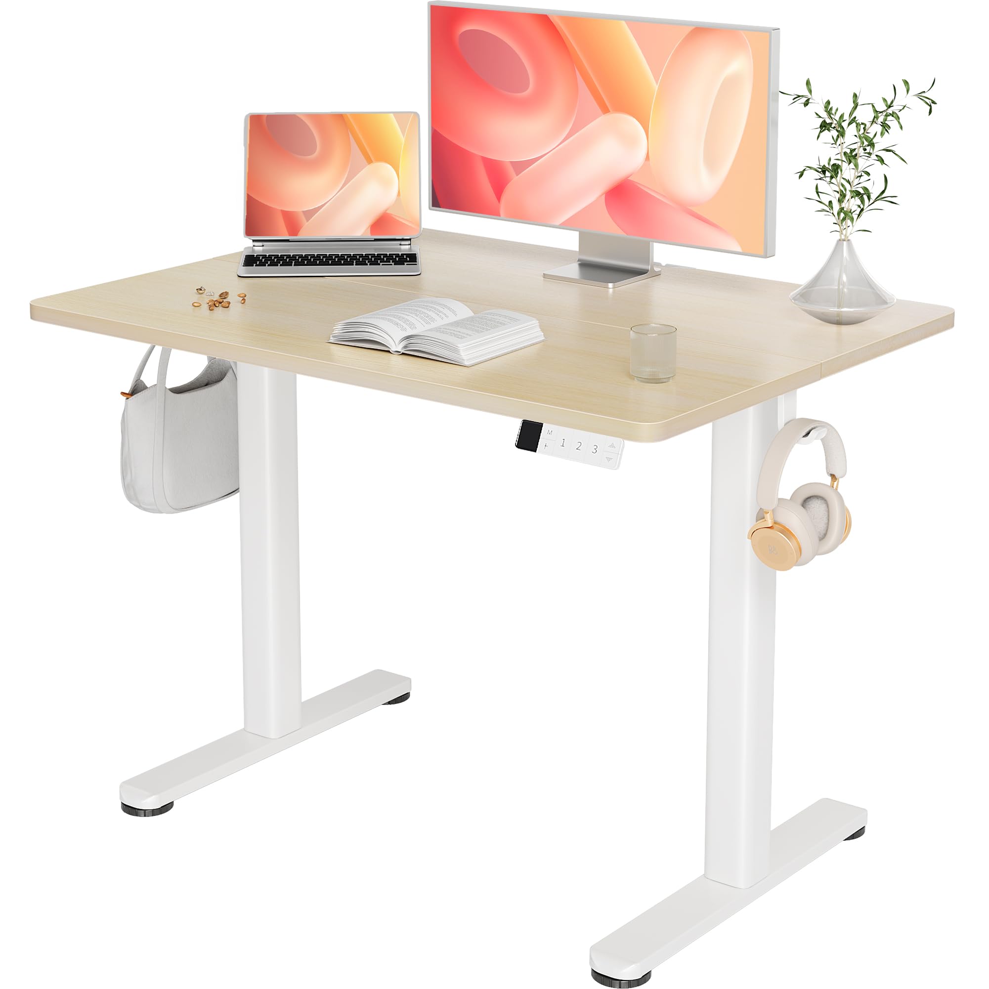 YDN Electric Standing Desk Adjustable Height, 40 x 24 Inches Stand up Desk with Cable Management, Home Office Desks with Splice Board & White Frame, Nature Top