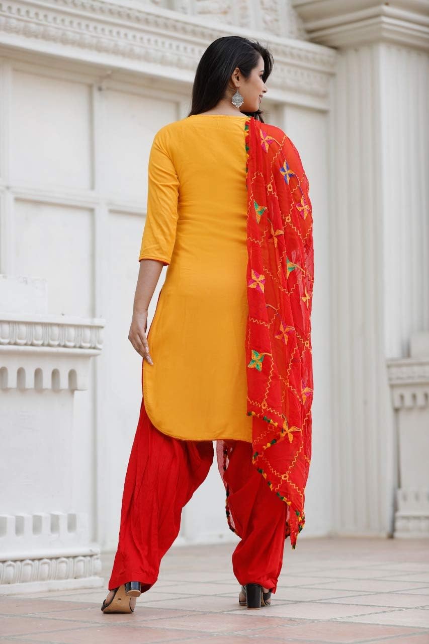 INDACORIFY Rayon Kurti with Patiala Pant and Dupatta for Girls & Women Festive Party Office Wear Salwar Kameez (as1, numeric, numeric_38, numeric_44, regular, regular, Yellow, Large(40))