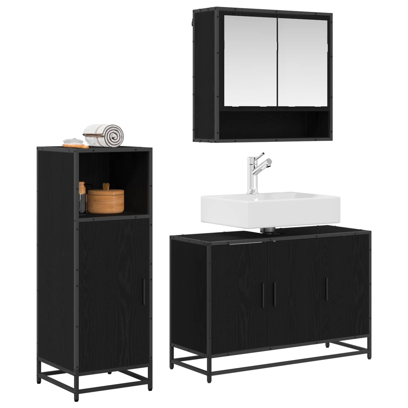 Juego de muebles de baño (3 piezas, aspecto de roble, material de madera), color negro